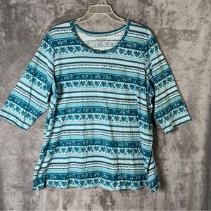 Teal Striped Floral Scoop Neck Women’s Top